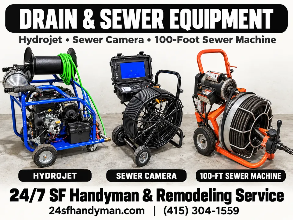 Drain and sewer equipment: hydro jetter, sewer inspection camera and 100-foot drain cleaning machine