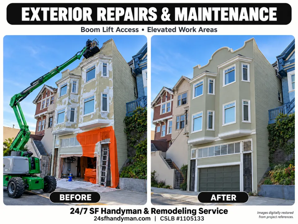 Boom lift used for exterior repairs on a three-story San Francisco building, before and after