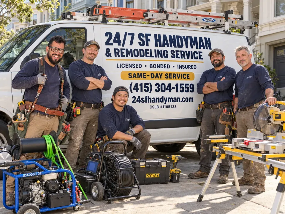 24/7 SF Handyman and Remodeling Service van with technicians and repair equipment